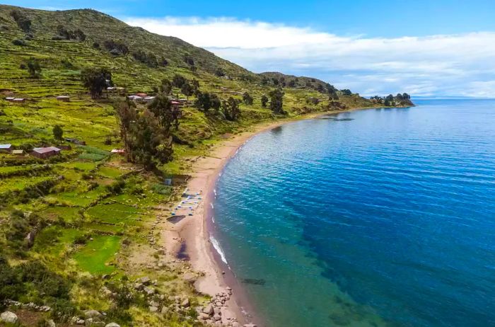 Aerial view of the Capachica Peninsula on Lake Titicaca in Peru, South America