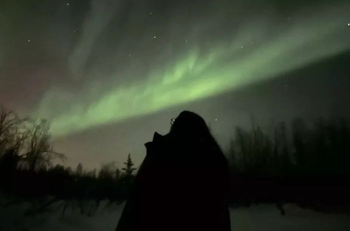 A person gazing up at the northern lights