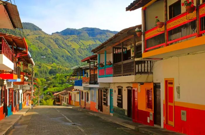 Vibrant houses in the colonial town of Jardin, Antioquia, Colombia, South America