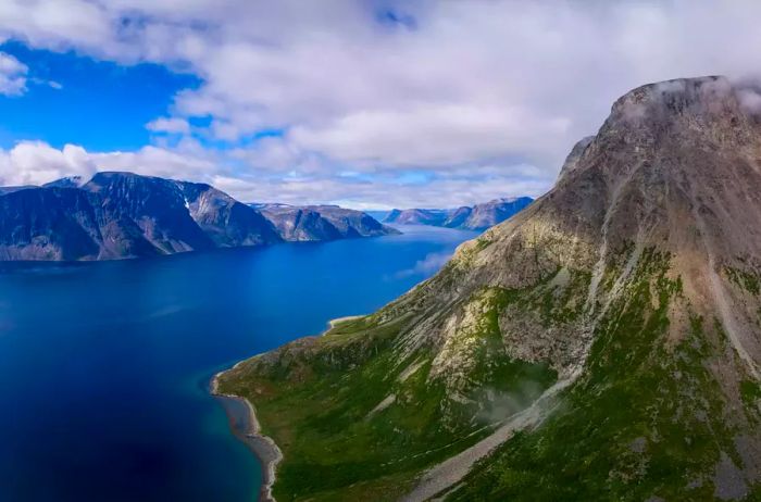 Aerial view of Labrador Coast along Saglek Fjord near Jens Haven Island in Torngat Mountains National Park, Canada