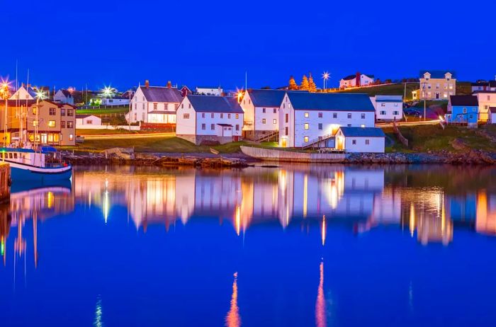 Historic town of Bonavista in Newfoundland, Canada during twilight blue hour