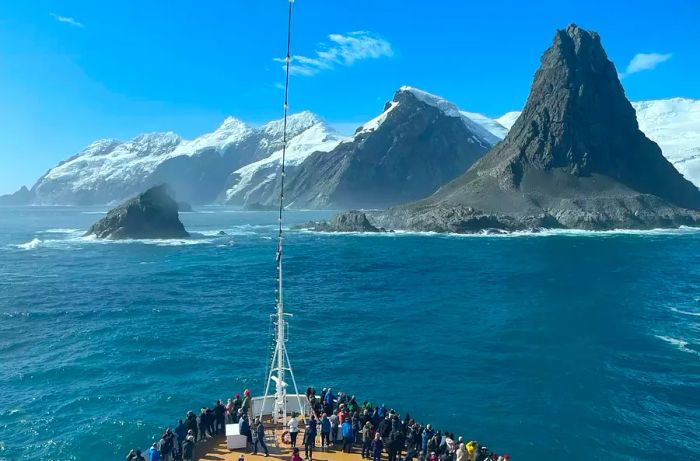 The Oosterdam ship from Holland America Line sailing past Elephant Island in Antarctica