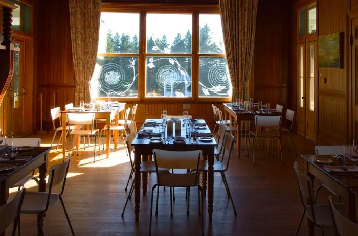 A sunlit restaurant dining room filled with shadows