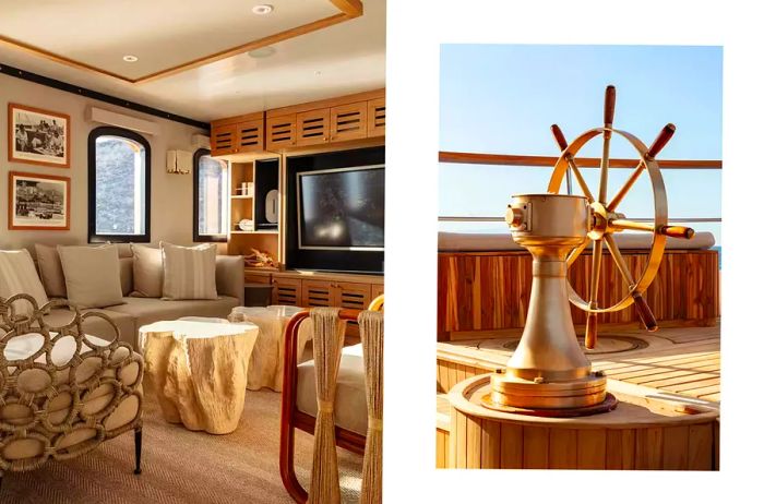 A pair of photos from the Grace yacht, showcasing the lounge and the captain's wheel.