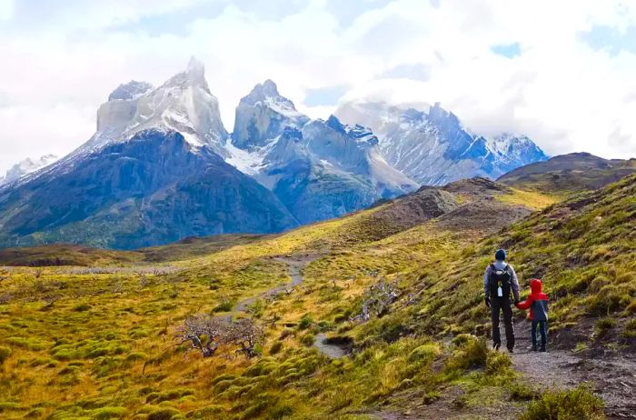 A father and son take in the stunning views of Cuernos del Paine in Torres del Paine National Park, embodying the spirit of an active family vacation.