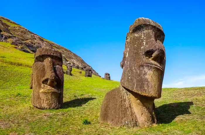 Moai statues located on the Rano Raraku volcano, Easter Island, Chile