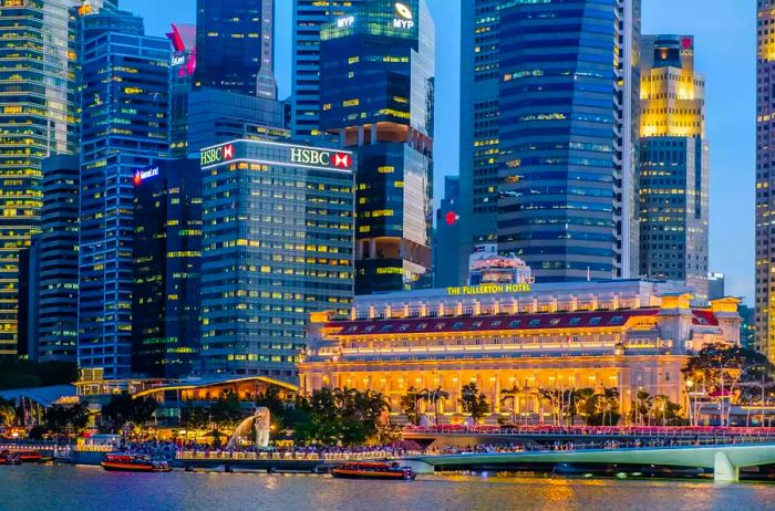 Panoramic view of Singapore featuring the exterior of The Fullerton Hotel