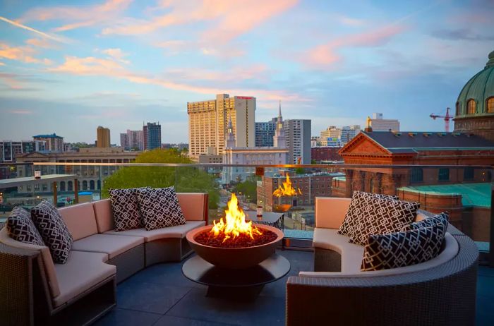 Fire pit on the rooftop at The Logan