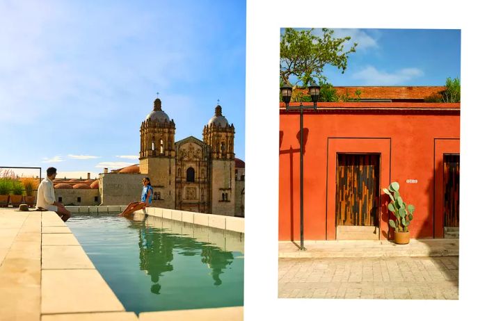 A pair of images from the Otro Oaxaca hotel, featuring the pool on one side and the entrance on the other.