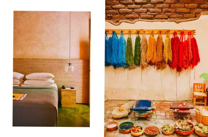 A pair of images from Mexico: one showcasing a hotel guest room, and another featuring vibrant, hand-dyed yarn displayed on hooks.