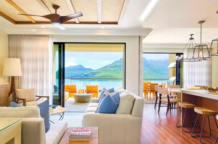 Living room and kitchen interior at Timbers Kauai at Hokuala