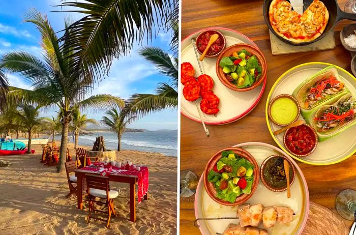 Dining on the beach with a delectable plate of food at Las Rosadas in Mexico.