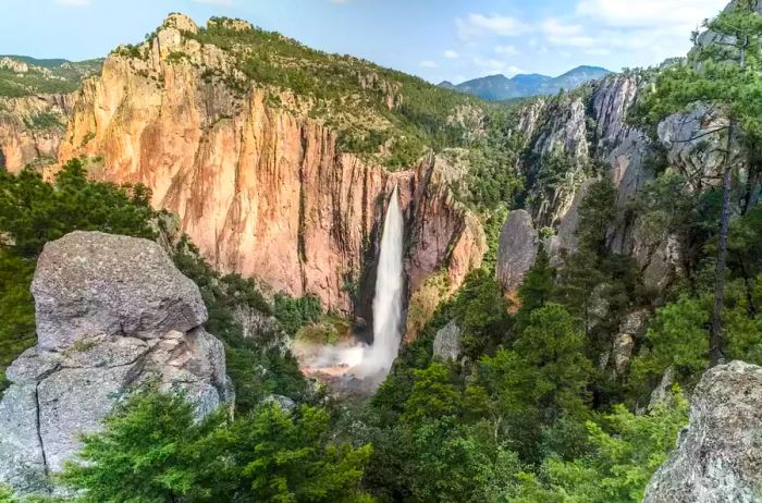 A picturesque view of a waterfall in Copper Canyon.