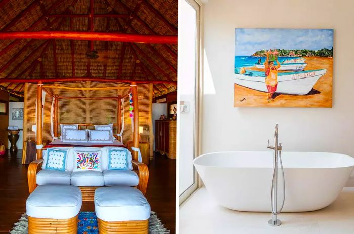 The interior of a guest room and bathtub at Las Rosadas in Mexico.