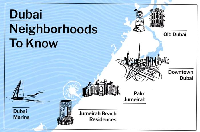 Illustrated map of Dubai highlighting the neighborhoods discussed in the text