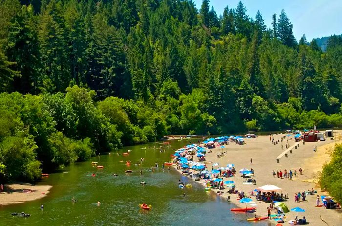 A river filled with boats and swimmers.