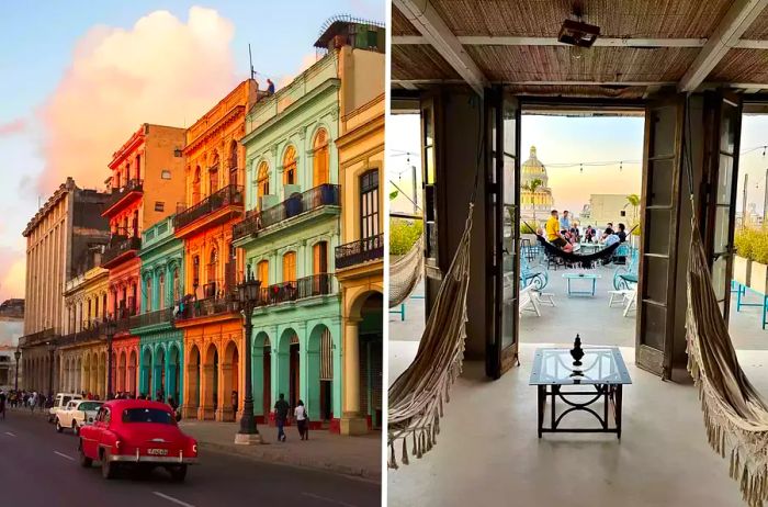 Two images: one captures a street in Havana, while the other showcases cocktails enjoyed on a terrace.