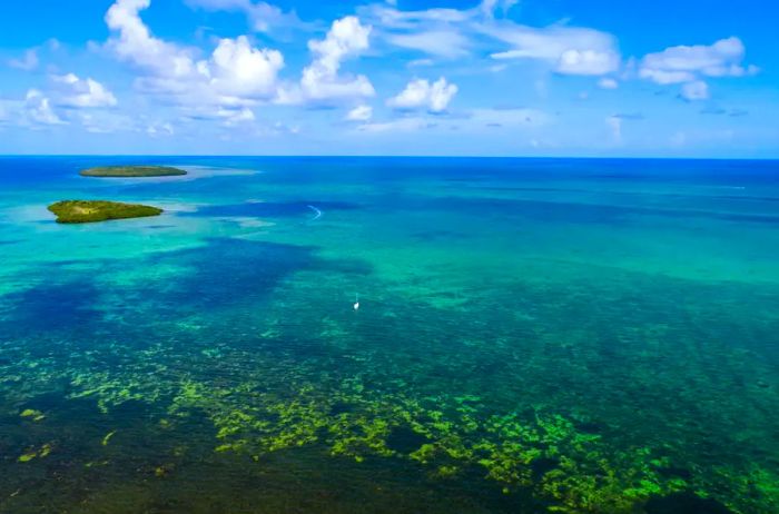 Crystal-clear waters beneath a brilliant blue sky