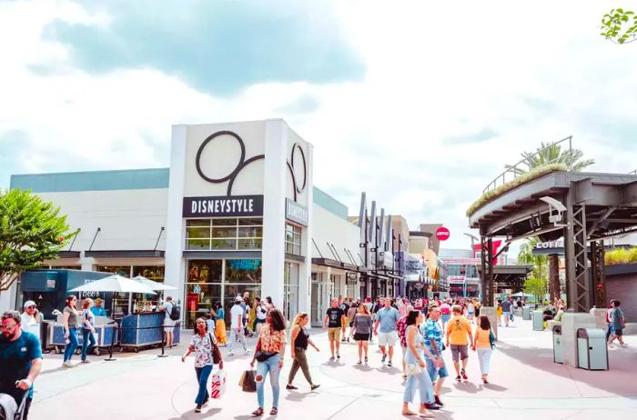 Crowd strolling through Disney Springs