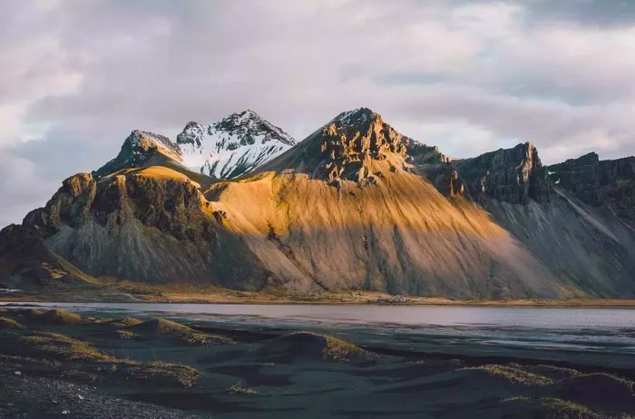 Snow-capped mountains at twilight