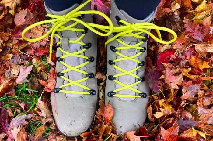 A person sports Bogs Women's Holly Lace Leather Boots in an outdoor setting