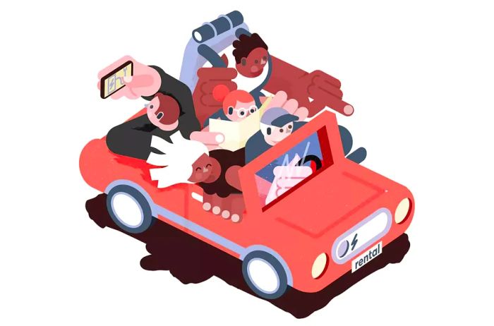 Illustration depicting a rental vehicle filled with passengers