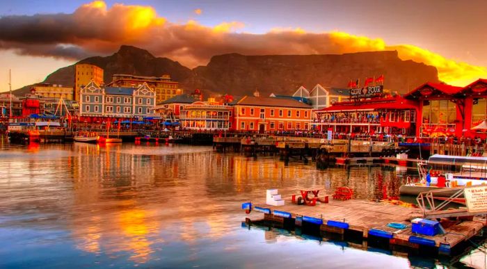 The vibrant waterfront of Cape Town, showcasing shopfronts with Table Mountain in the background