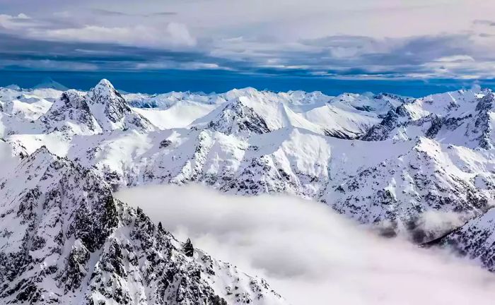 Bird's-eye view of snow-covered mountains in Patagonia, Argentina