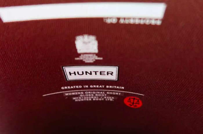 A close-up view of the label on a Hunter Women's Original Short Rain Boot