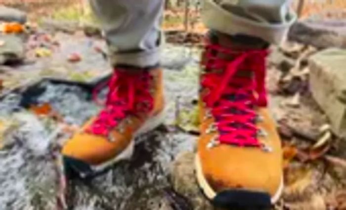 A person dons the Danner Mountain 600 Leaf Boots while standing in water