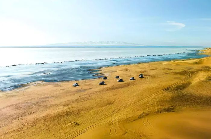 Trucks traversing a beach in Mongolia