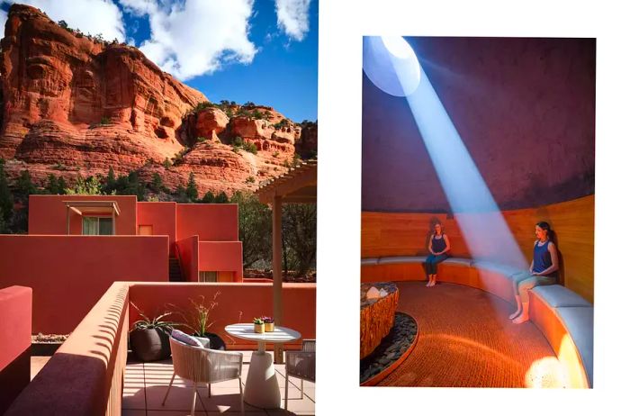 In an outdoor dining area with a mountainside backdrop, two women engage in meditation.