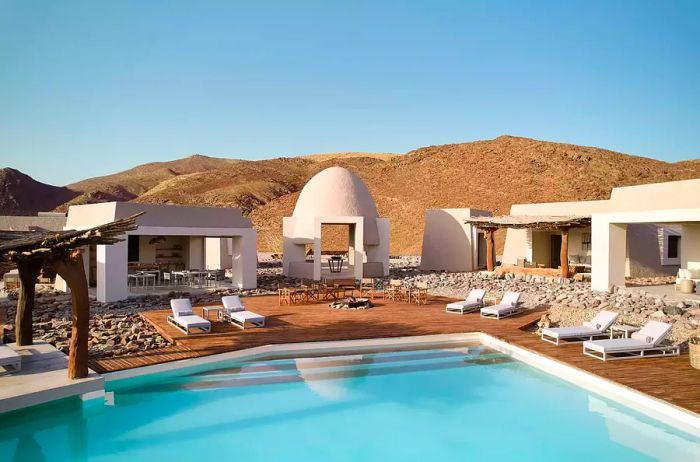 The lodges and pool area at Okahirongo Elephant Lodge in Namibia.