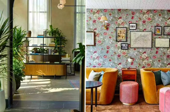 A pair of images showcasing the interiors of the restaurant and bar at Thompson Savannah and The Hoxton Paris