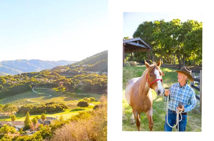 A picturesque scene at Carmel Valley Ranch, where a man stands alongside a horse.