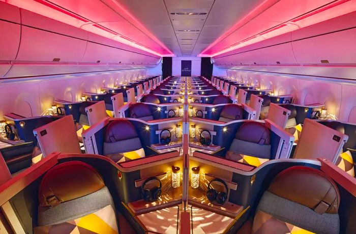 A glimpse of a brightly lit airplane cabin