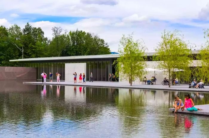 Visitors gathered at the entrance of the museum