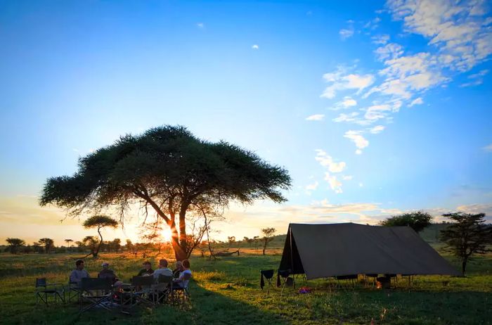 A group of campers gathers around a fire as the sun sets during a safari