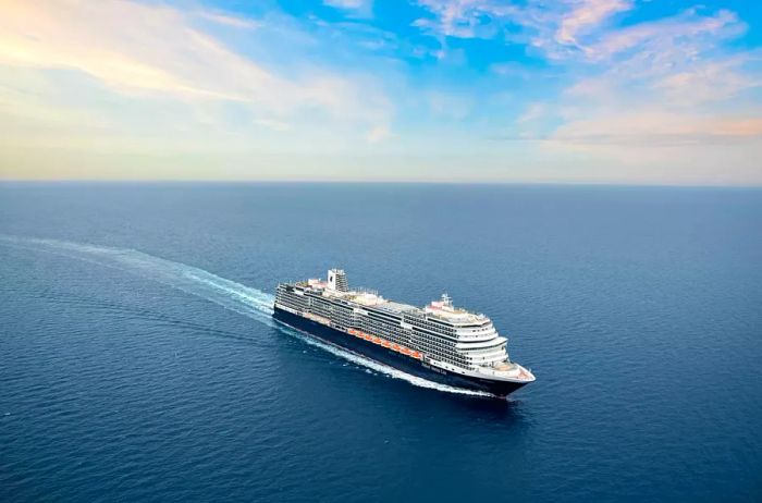 Aerial view of a cruise ship on the water