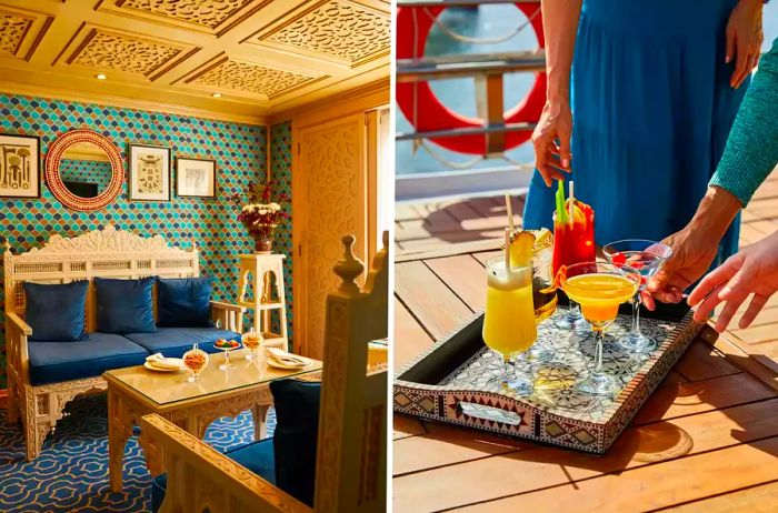 Left: Lounge area on the ship; Right: A selection of beverages