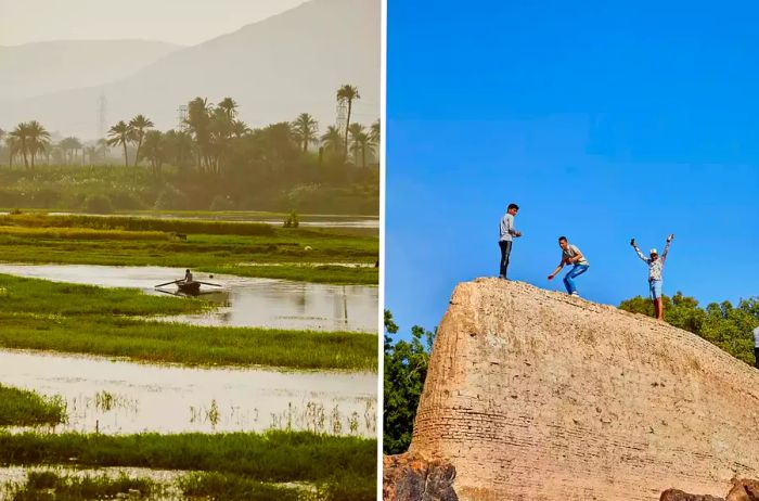 Left: Individual paddling through a marsh; Right: Three people atop a stone structure