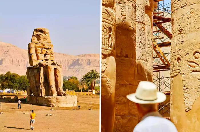 Left: Locals beside an ancient Egyptian statue