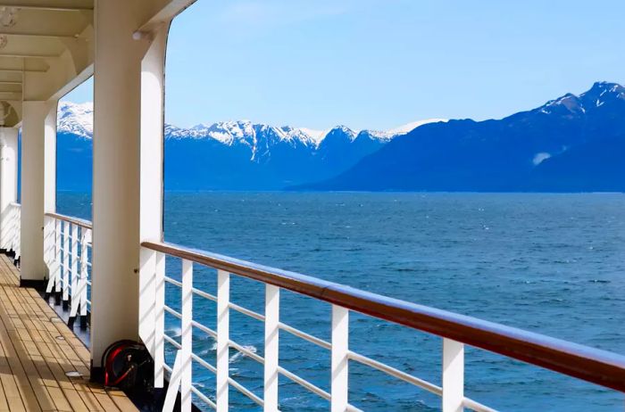 View of mountains from the deck of a cruise ship in Alaska.