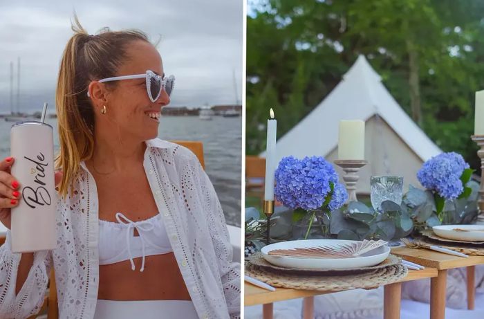 A bride enjoying her bachelorette celebration with an elegant picnic setup in front of glamping tents