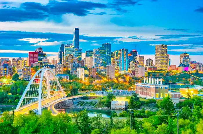 The skyline of downtown Edmonton, Alberta, Canada at twilight