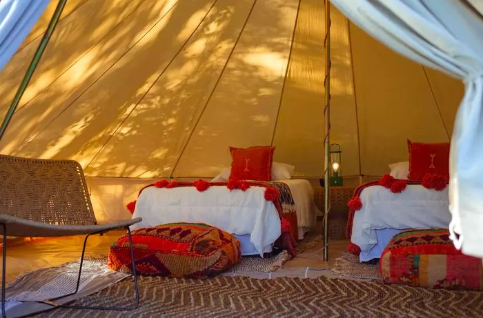 The inside of a glamping tent