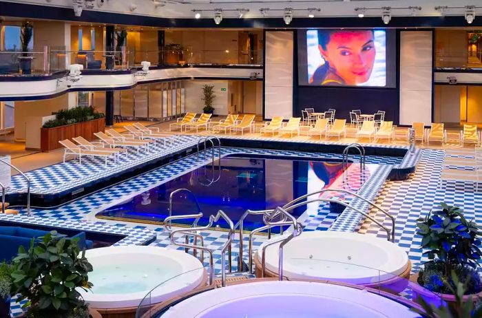 The indoor pool and pavilion onboard the Queen Anne