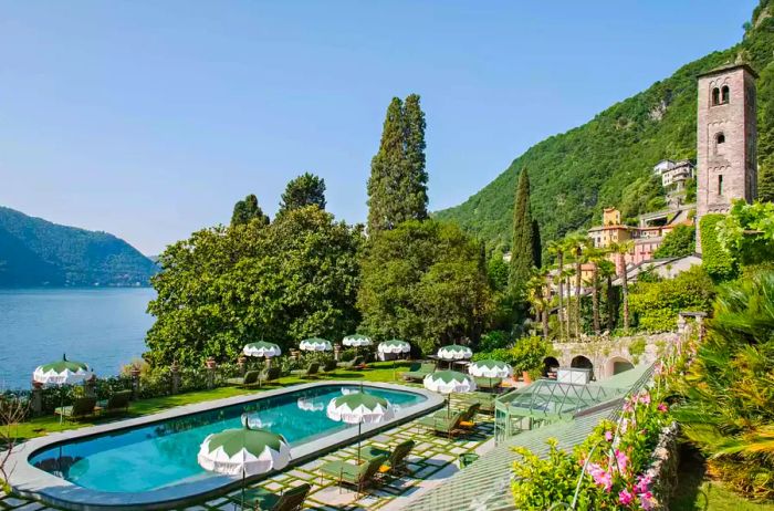 The pool terrace at the Passalacqua resort, overlooking Lake Como, Italy.