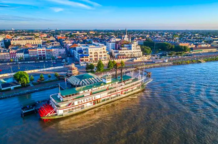 Steamboat moored along the Mississippi River in the French Quarter of New Orleans