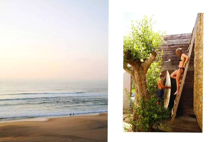 Two images from Areias do Seixo resort in Portugal: one features a couple strolling along the beach, while the other shows them with their surfboard.